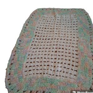 New Handmade Crocheted Baby Blanket, Pink with multicolored Trim,